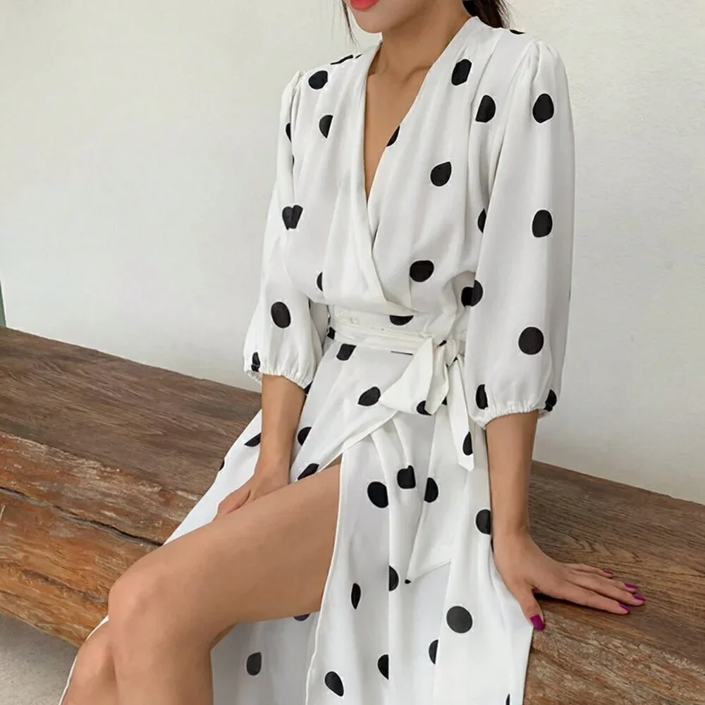 White Casual Women's Polka Dot Print V Neck Wrap Dress With Lantern Sleeve - Picture 2 of 6